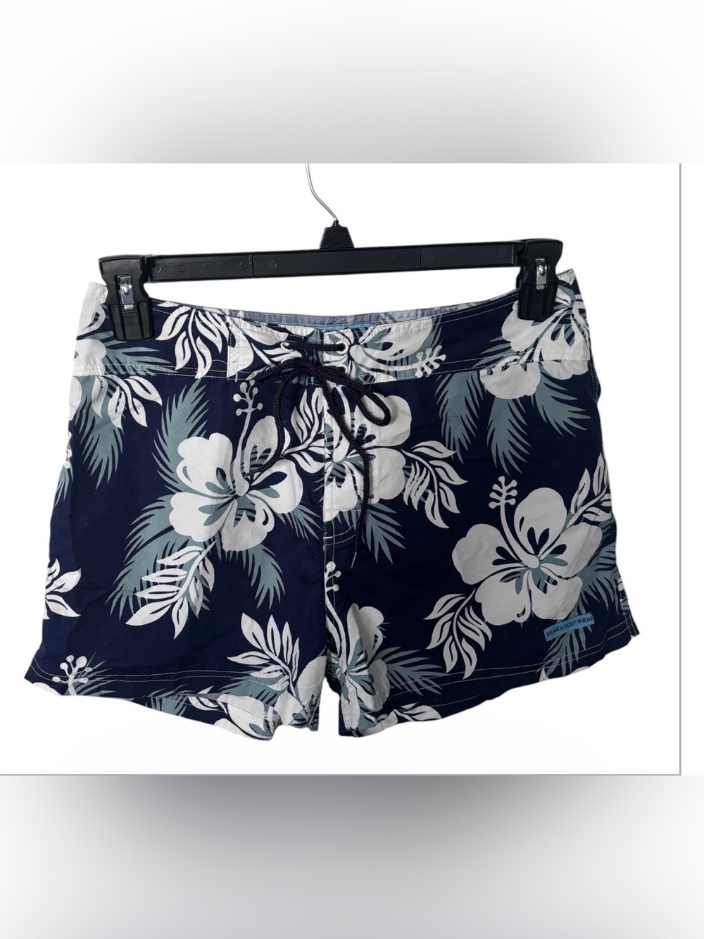 Navy Floral Bermuda Shorts with White Tropical Hibiscus